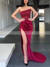 Sheath/Column Strapless Sequined Silk-like Satin Sweep Train Prom Dresses With Split Front #Favs020116075