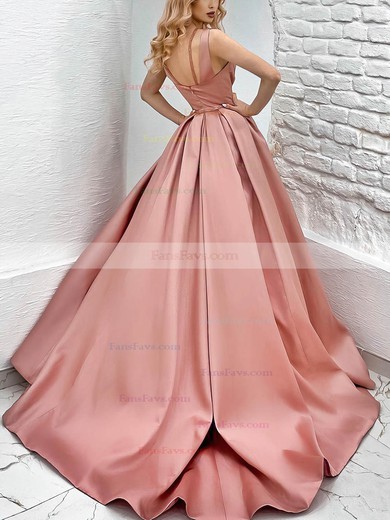 Ball Gown V-neck Satin Sweep Train Prom Dresses With Sashes / Ribbons #Favs020116076