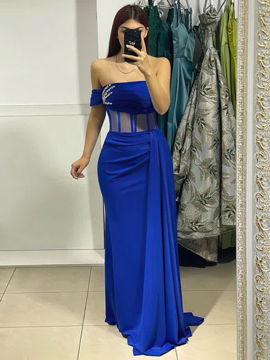 Sheath/Column Off-the-shoulder Silk-like Satin Floor-length Prom Dresses With Beading #Favs020116080