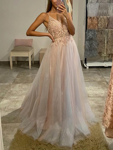 A-line V-neck Tulle Glitter Sweep Train Prom Dresses With Appliques Lace #Favs020116082