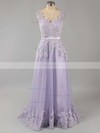 Popular Lace Tulle V-neck Sashes / Ribbons Open Back Prom Dress #Favs02018702