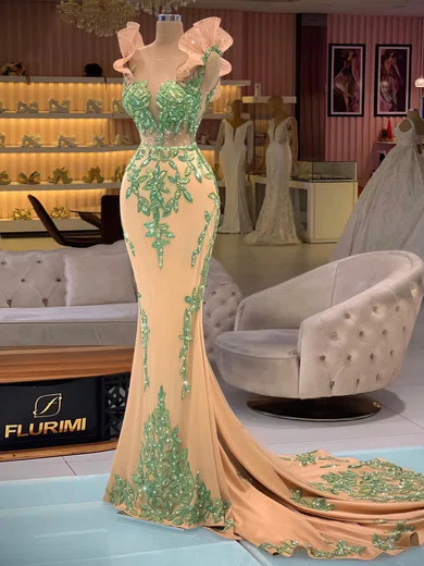 Trumpet/Mermaid Scoop Neck Jersey Sweep Train Prom Dresses With Appliques Lace #Favs020116091