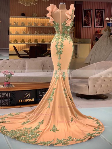 Trumpet/Mermaid Scoop Neck Jersey Sweep Train Prom Dresses With Appliques Lace #Favs020116091