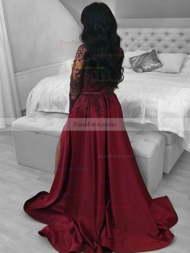 A-line High Neck Satin Tulle Sweep Train Prom Dresses With Appliques Lace #Favs020116094