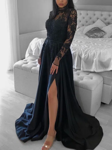 A-line High Neck Satin Tulle Sweep Train Prom Dresses With Appliques Lace #Favs020116095