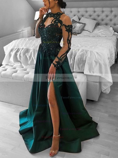 A-line High Neck Satin Sweep Train Prom Dresses With Appliques Lace #Favs020116097