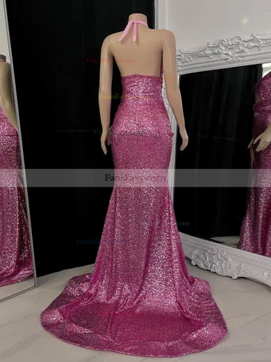 Sheath/Column Halter Sequined Sweep Train Prom Dresses With Split Front #Favs020116098