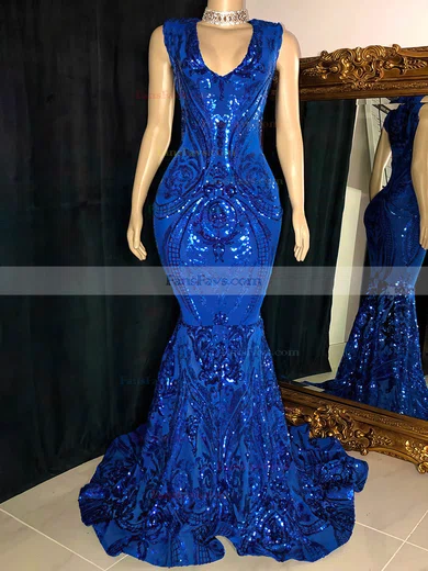 Trumpet/Mermaid V-neck Sequined Sweep Train Prom Dresses #Favs020116101