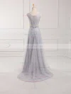 Sheath/Column Scoop Neck Lace Tulle Sweep Train Beading Prom Dresses #Favs020102739