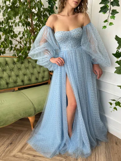 A-line Strapless Tulle Sweep Train Prom Dresses With Split Front #Favs020116108