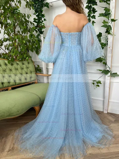 A-line Strapless Tulle Sweep Train Prom Dresses With Split Front #Favs020116108