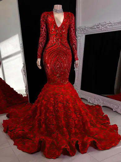 Trumpet/Mermaid V-neck Sequined Sweep Train Prom Dresses With Flower(s) #Favs020116127