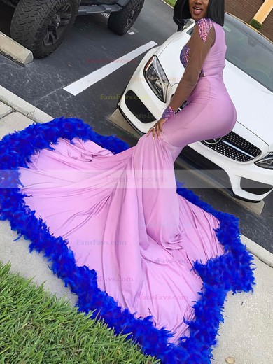 Trumpet/Mermaid High Neck Jersey Sweep Train Prom Dresses With Feathers / Fur #Favs020116128