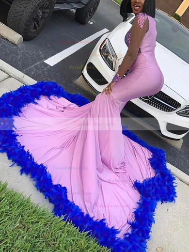 Trumpet/Mermaid High Neck Jersey Sweep Train Prom Dresses With Feathers / Fur #Favs020116128