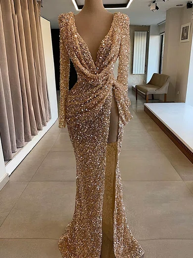 Sheath/Column V-neck Sequined Sweep Train Prom Dresses With Split Front #Favs020116130