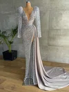 Sheath/Column V-neck Sequined Silk-like Satin Sweep Train Prom Dresses With Split Front #Favs020116131