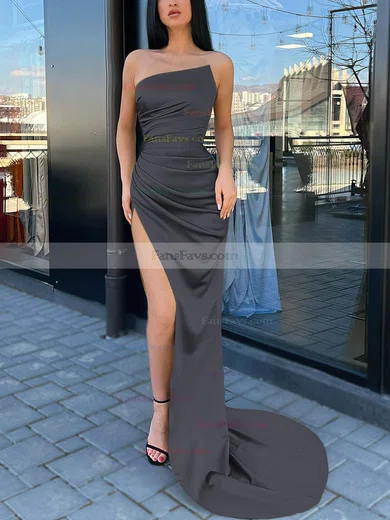 Sheath/Column Strapless Silk-like Satin Sweep Train Prom Dresses With Split Front #Favs020116142