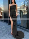 Sheath/Column Strapless Silk-like Satin Sweep Train Prom Dresses With Split Front #Favs020116142