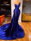 Sheath/Column V-neck Silk-like Satin Sweep Train Prom Dresses With Beading #Favs020116148