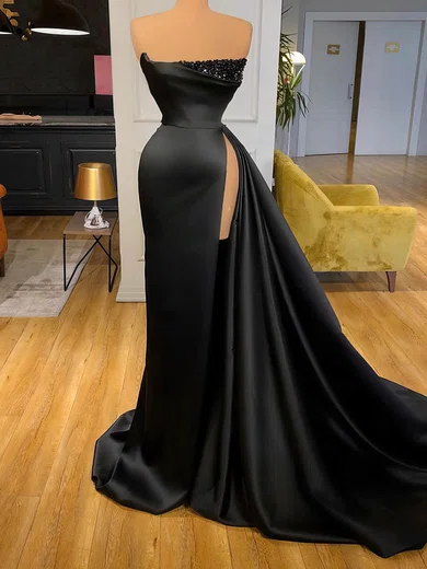 Sheath/Column Strapless Satin Sequined Sweep Train Prom Dresses With Split Front #Favs020116151