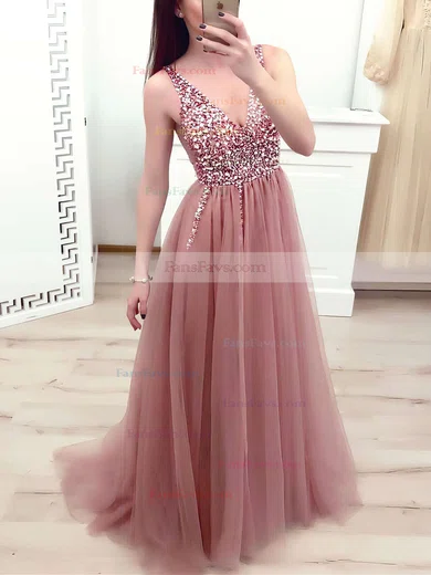 Princess V-neck Tulle Floor-length Beading Prom Dresses #Favs020103505