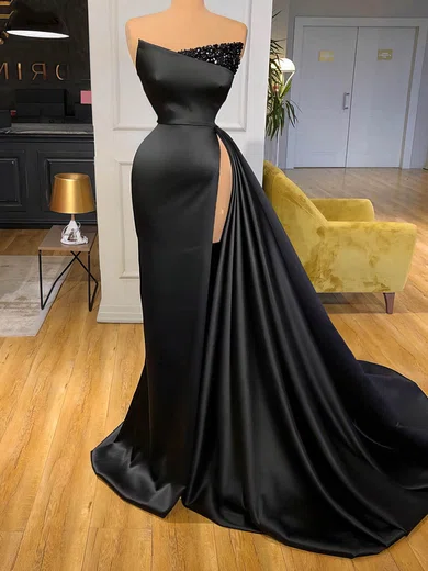 Sheath/Column V-neck Satin Sequined Sweep Train Prom Dresses With Split Front #Favs020116153