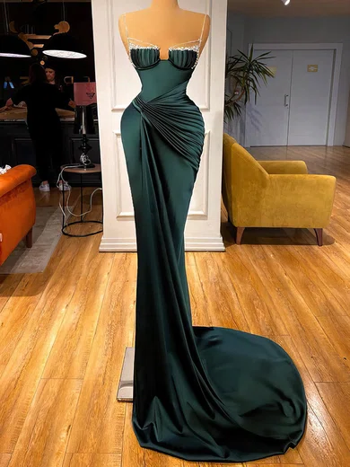 Sheath/Column V-neck Silk-like Satin Sweep Train Prom Dresses With Beading #Favs020116154