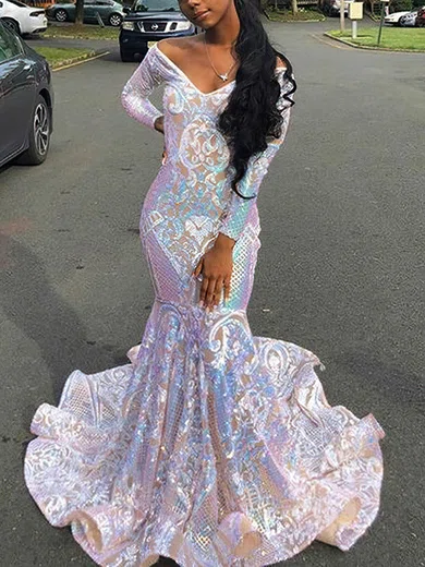 Trumpet/Mermaid Off-the-shoulder Sequined Sweep Train Prom Dresses #Favs020116157