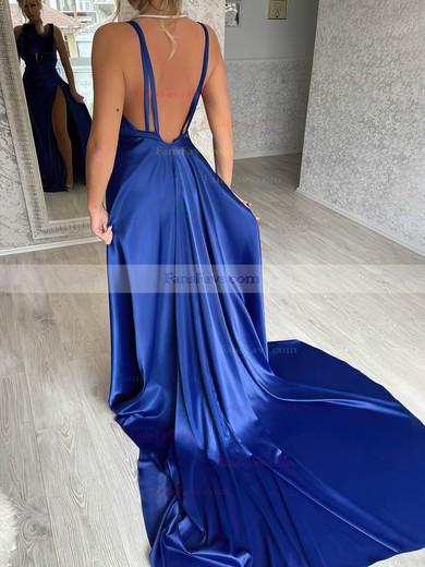 Sheath/Column V-neck Silk-like Satin Sweep Train Prom Dresses With Split Front #Favs020116163