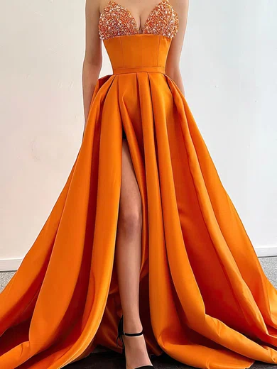 A-line V-neck Satin Sequined Sweep Train Prom Dresses With Split Front #Favs020116166