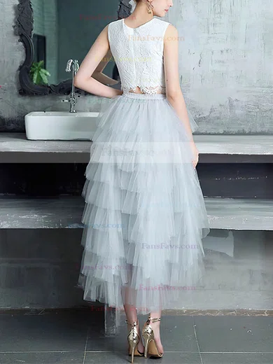 A-line Scoop Neck Lace Tulle Asymmetrical Tiered Prom Dresses #Favs020105394