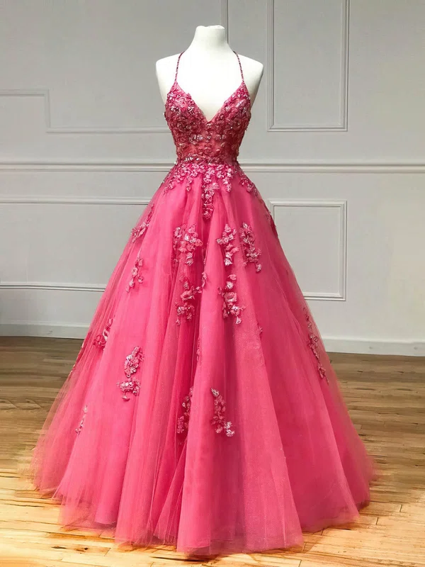 Ball Gown V-neck Tulle Glitter Sweep Train Prom Dresses With Appliques Lace #Favs020116179