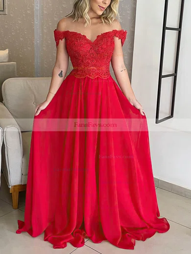 A-line Off-the-shoulder Lace Chiffon Floor-length Prom Dresses With Sashes / Ribbons #Favs020116180
