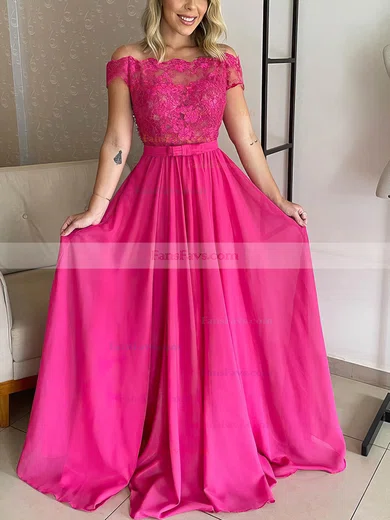 A-line Off-the-shoulder Lace Chiffon Floor-length Prom Dresses With Sashes / Ribbons #Favs020116180