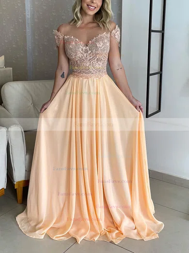 A-line Off-the-shoulder Chiffon Floor-length Prom Dresses With Lace #Favs020116181