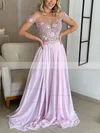 A-line Off-the-shoulder Chiffon Floor-length Prom Dresses With Lace #Favs020116181