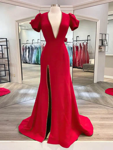 Sheath/Column V-neck Stretch Crepe Sweep Train Prom Dresses With Beading #Favs020116186