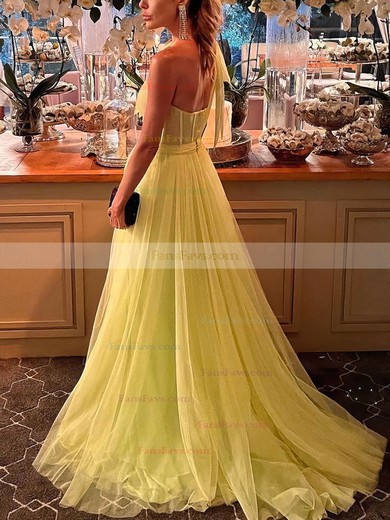 A-line One Shoulder Tulle Sweep Train Prom Dresses With Bow #Favs020116188