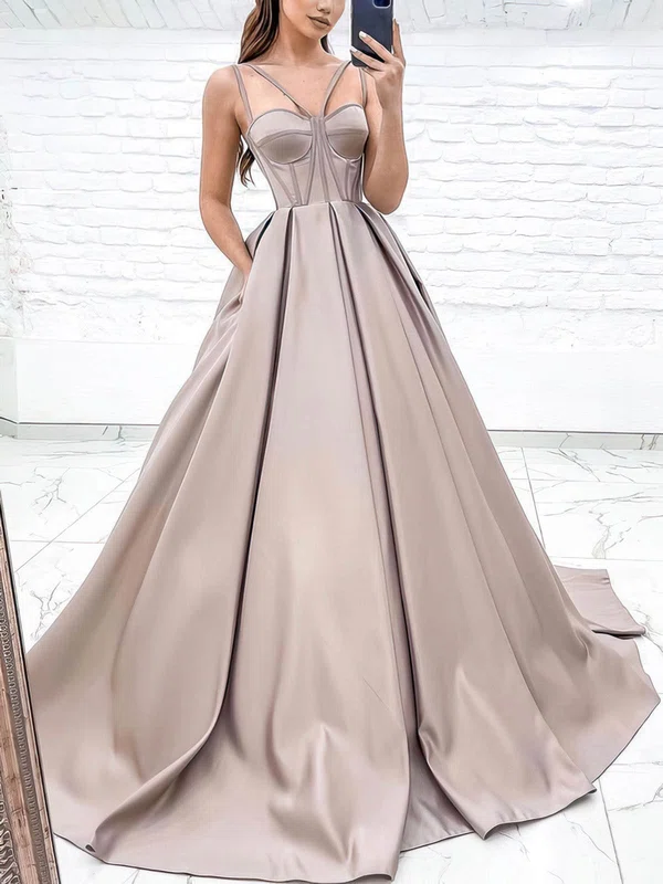 Ball Gown Sweetheart Satin Sweep Train Prom Dresses With Pockets #Favs020116192