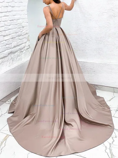 Ball Gown Sweetheart Satin Sweep Train Prom Dresses With Pockets #Favs020116192