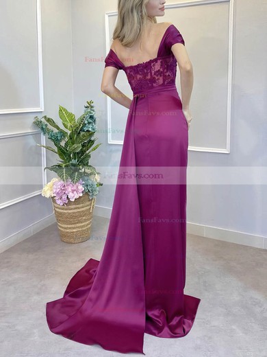 Sheath/Column Off-the-shoulder Lace Silk-like Satin Sweep Train Prom Dresses With Split Front #Favs020116194