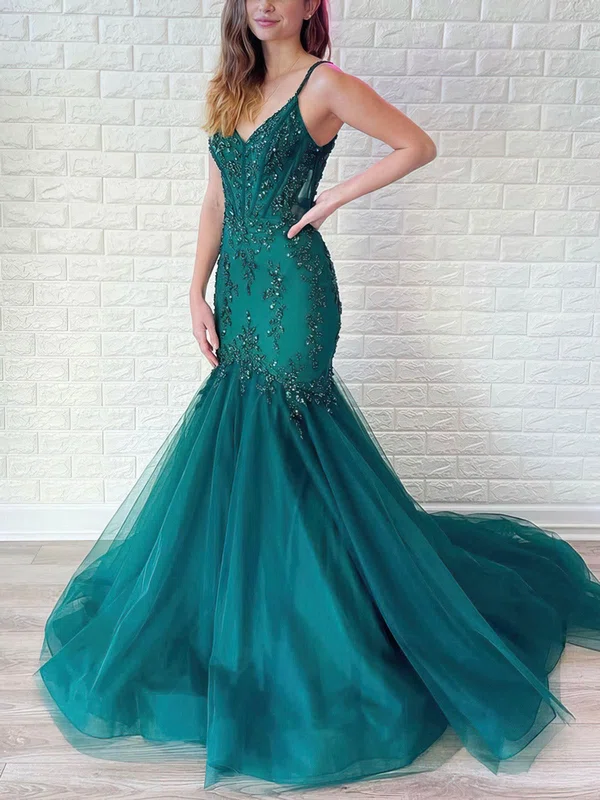 Trumpet/Mermaid V-neck Tulle Sweep Train Prom Dresses With Beading #Favs020116195