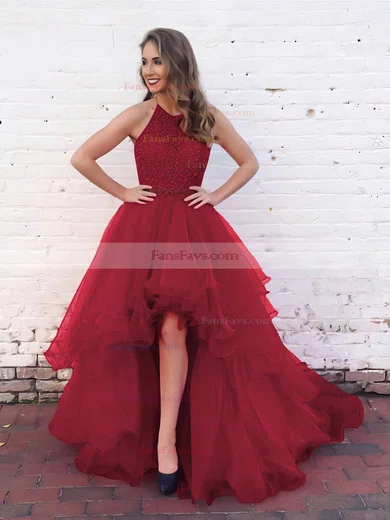 Princess Halter Organza Asymmetrical Beading Prom Dresses #Favs020103198