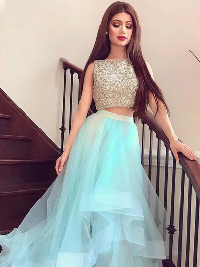 A-line Scoop Neck Organza Sweep Train Beading Prom Dresses #Favs020105034