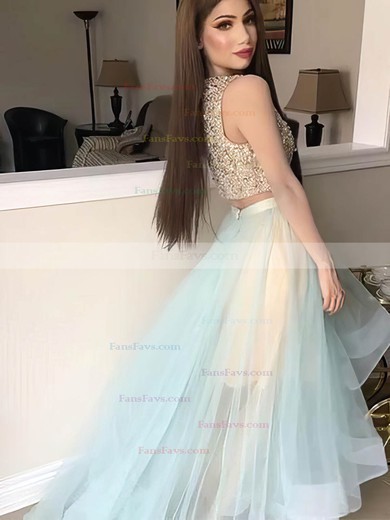 A-line Scoop Neck Organza Sweep Train Beading Prom Dresses #Favs020105034