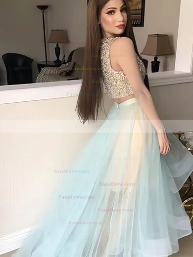 A-line Scoop Neck Organza Sweep Train Beading Prom Dresses #Favs020105034