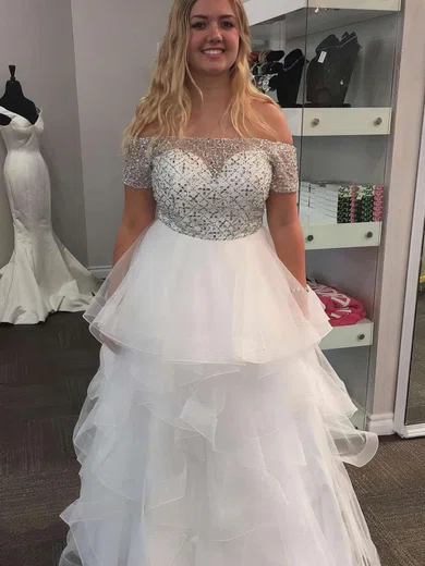 Princess Off-the-shoulder Organza Tulle Sweep Train Beading Prom Dresses #Favs020105730