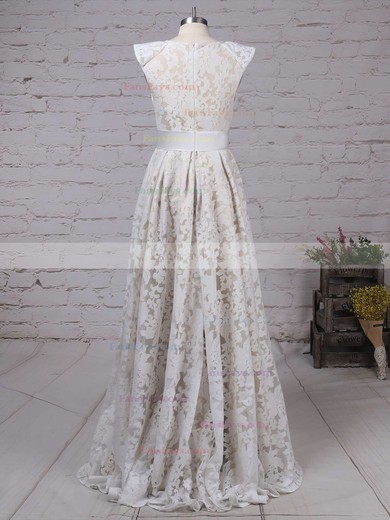 A-line Scoop Neck Lace Asymmetrical Sashes / Ribbons Prom Dresses #Favs020103509