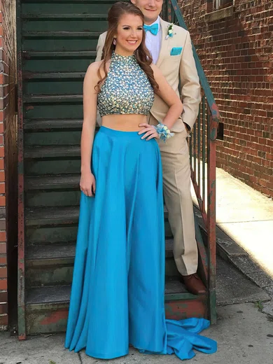 A-line High Neck Silk-like Satin Sweep Train Crystal Detailing Prom Dresses #Favs020103316