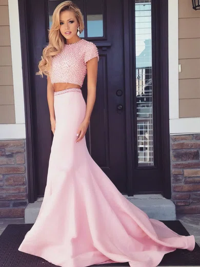Trumpet/Mermaid Scoop Neck Satin Sweep Train Pearl Detailing Prom Dresses #Favs020104541